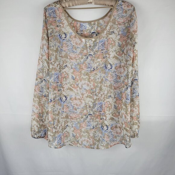 Floral Chiffon Blouse Pastel Rose Print Charming Charlie Long Sleeve Size L - Picture 9 of 14